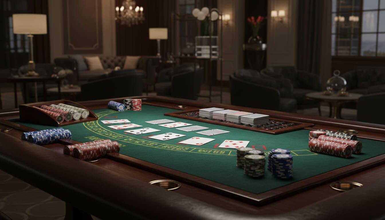 Stół blackjack online z kartami i żetonami, 2026