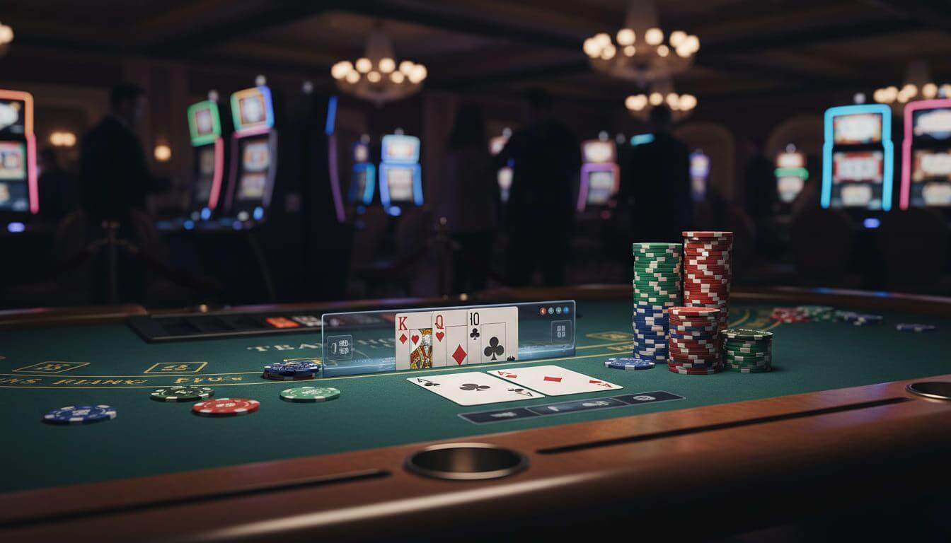 Karty pokerowe i żetony na stole kasynowym, 2026